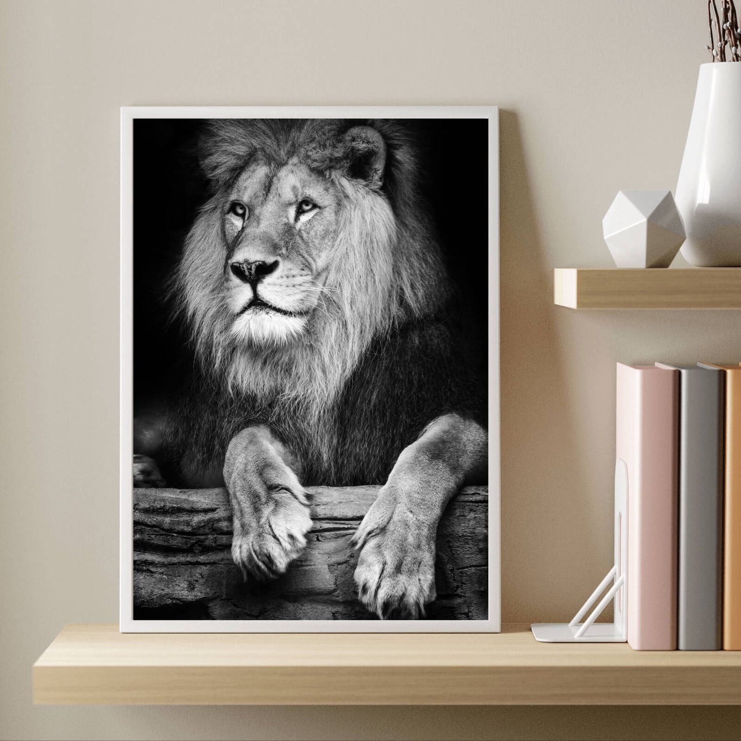 Poster Löwen Portrait schwarz weiß Hochformat