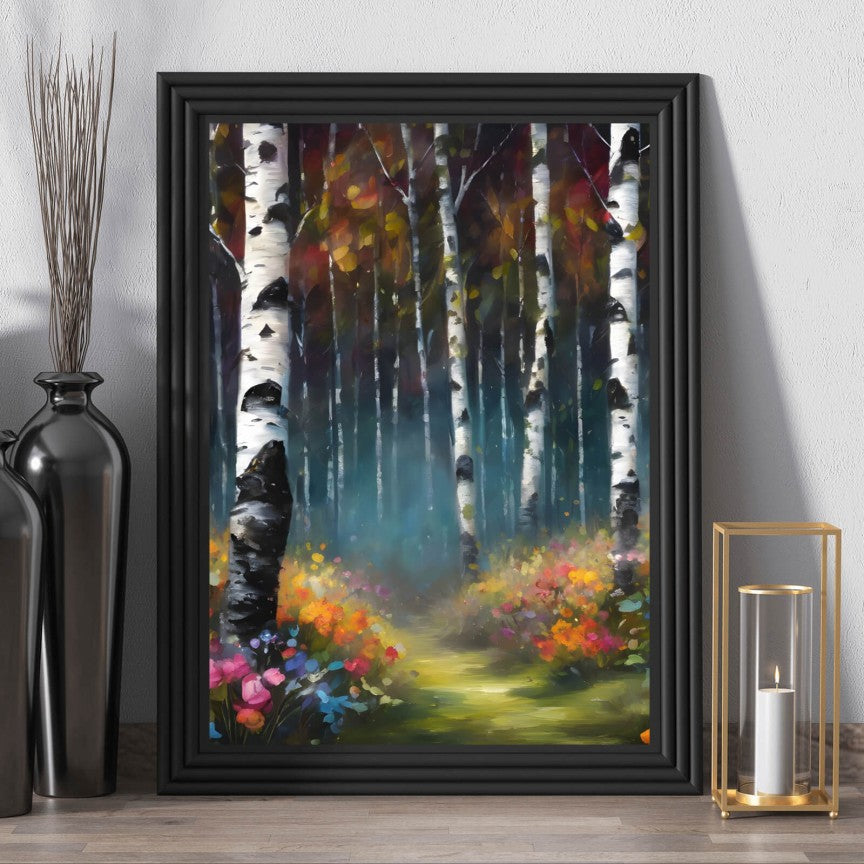 Poster Romantischer Wald mit bunten Blumen Hochformat
