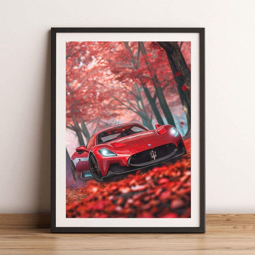 Poster Roter Sportwagen im Herbstwald Hochformat