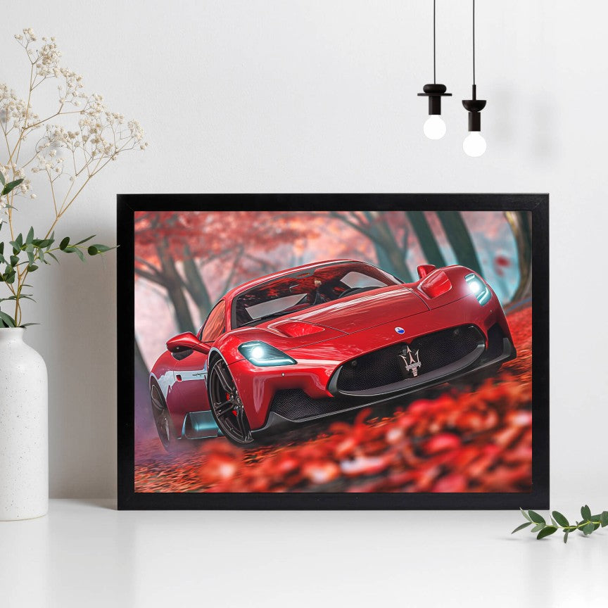 Poster Roter Sportwagen im Herbstwald Querformat