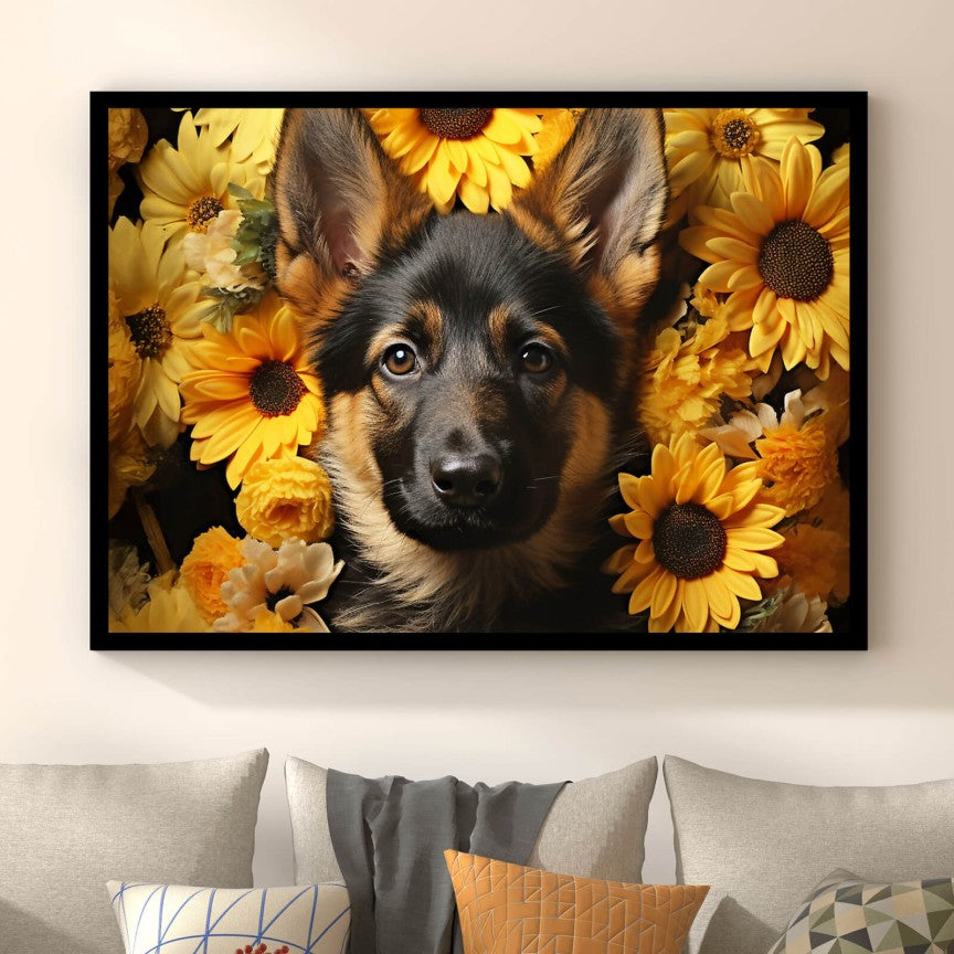 Poster Schäferhundwelpe vor Sonnenblume Querformat