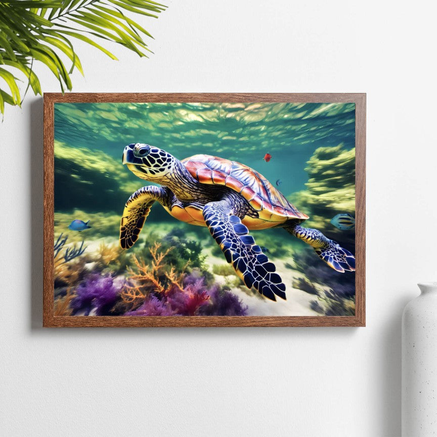 Poster Schildkröte auf knalligen Meeresboden Querformat