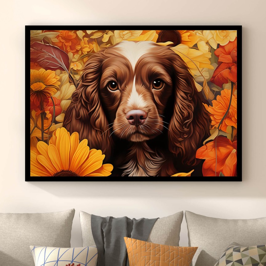 Poster Welpe Cocker Spaniel im Blütenmeer Querformat