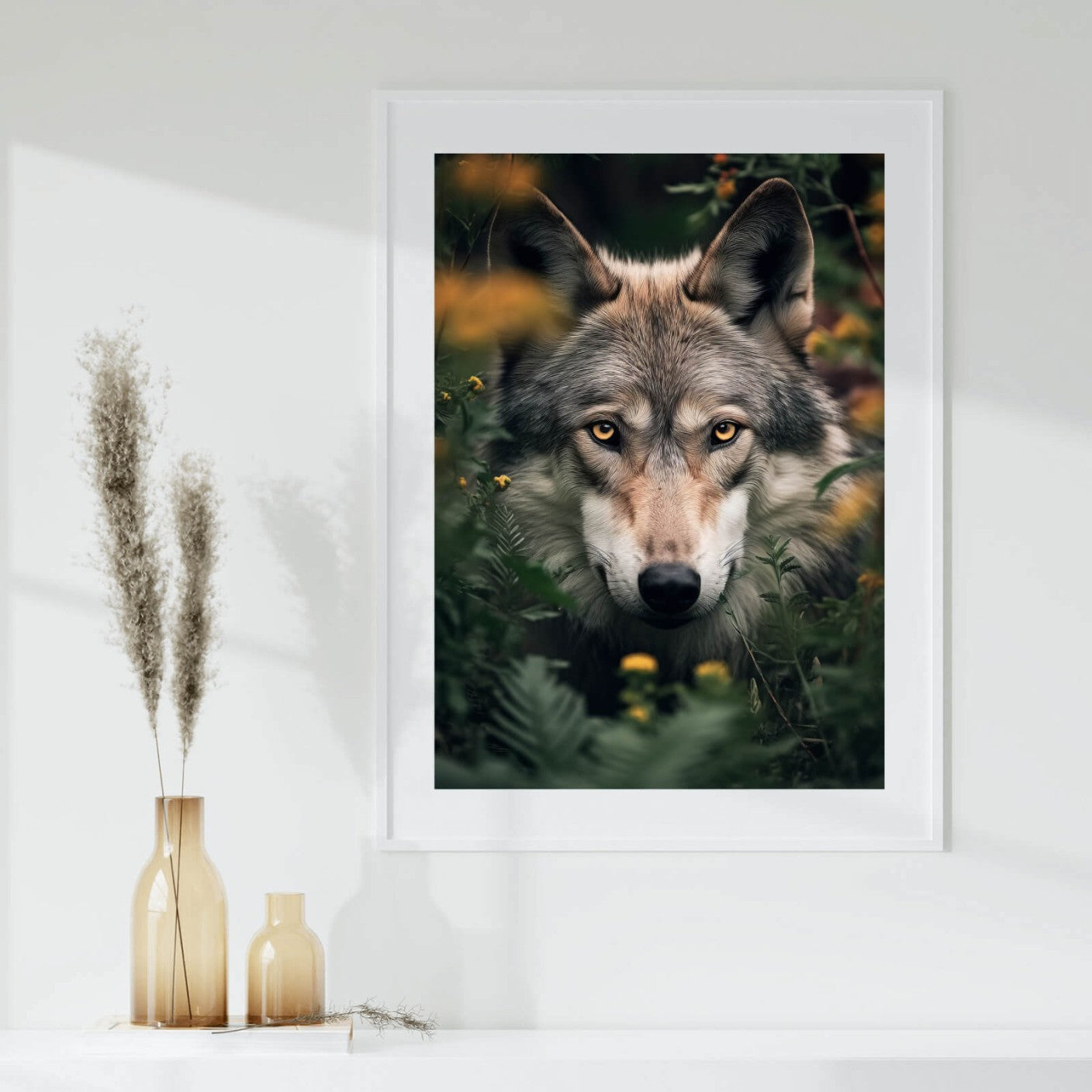 Poster Wolfportrait im Gestrüpp Hochformat