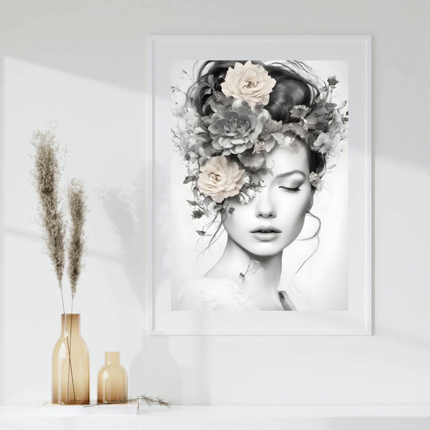 Poster zartes Frauenportrait mit Blumen Hochformat