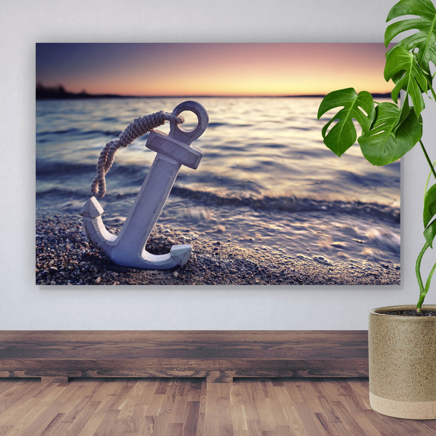 Leinwandbild Anker am Sandstrand Querformat