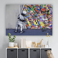 Leinwandbild Banksy Junge vor Graffiti Wand Querformat