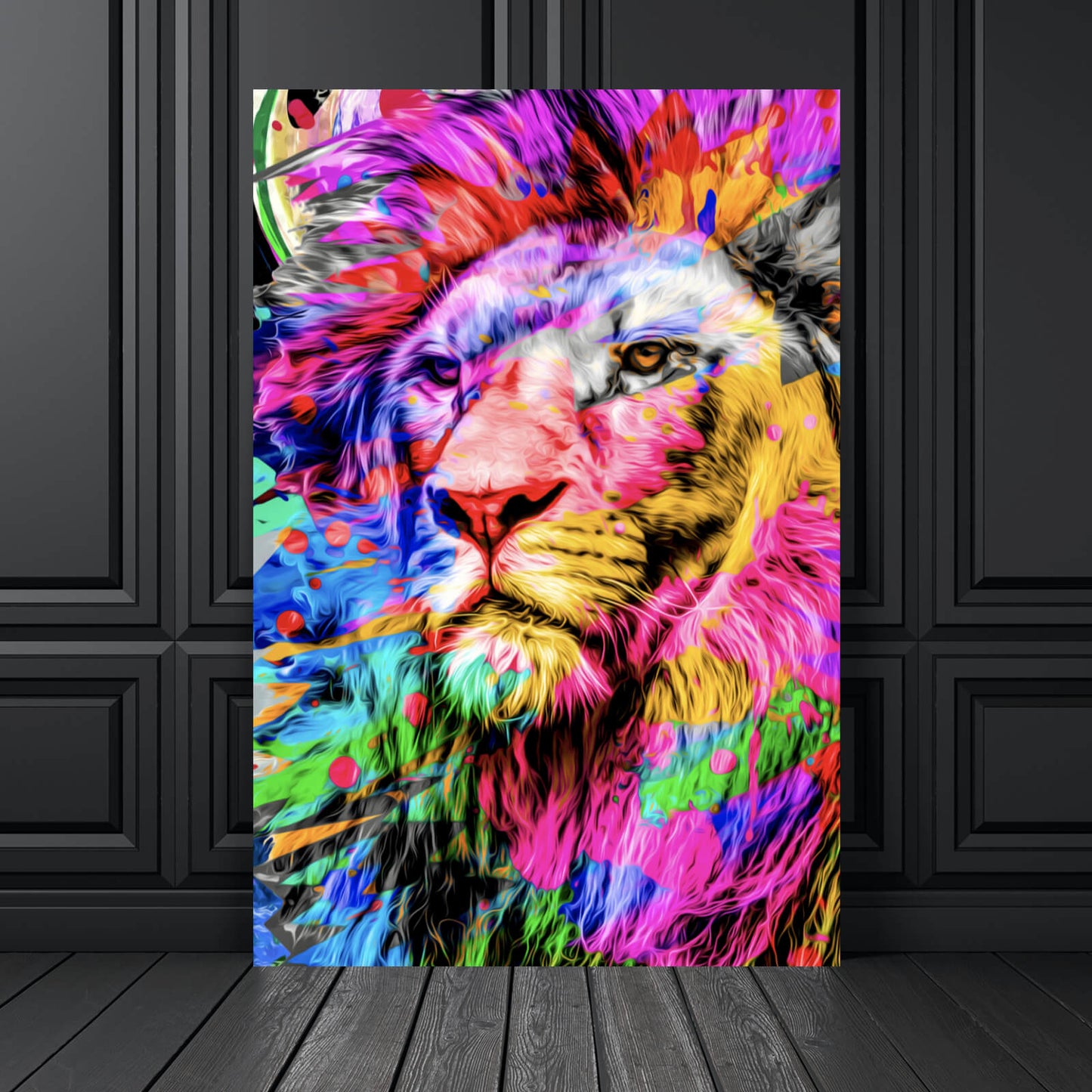 Leinwandbild Bunter Pop Art Löwe Hochformat