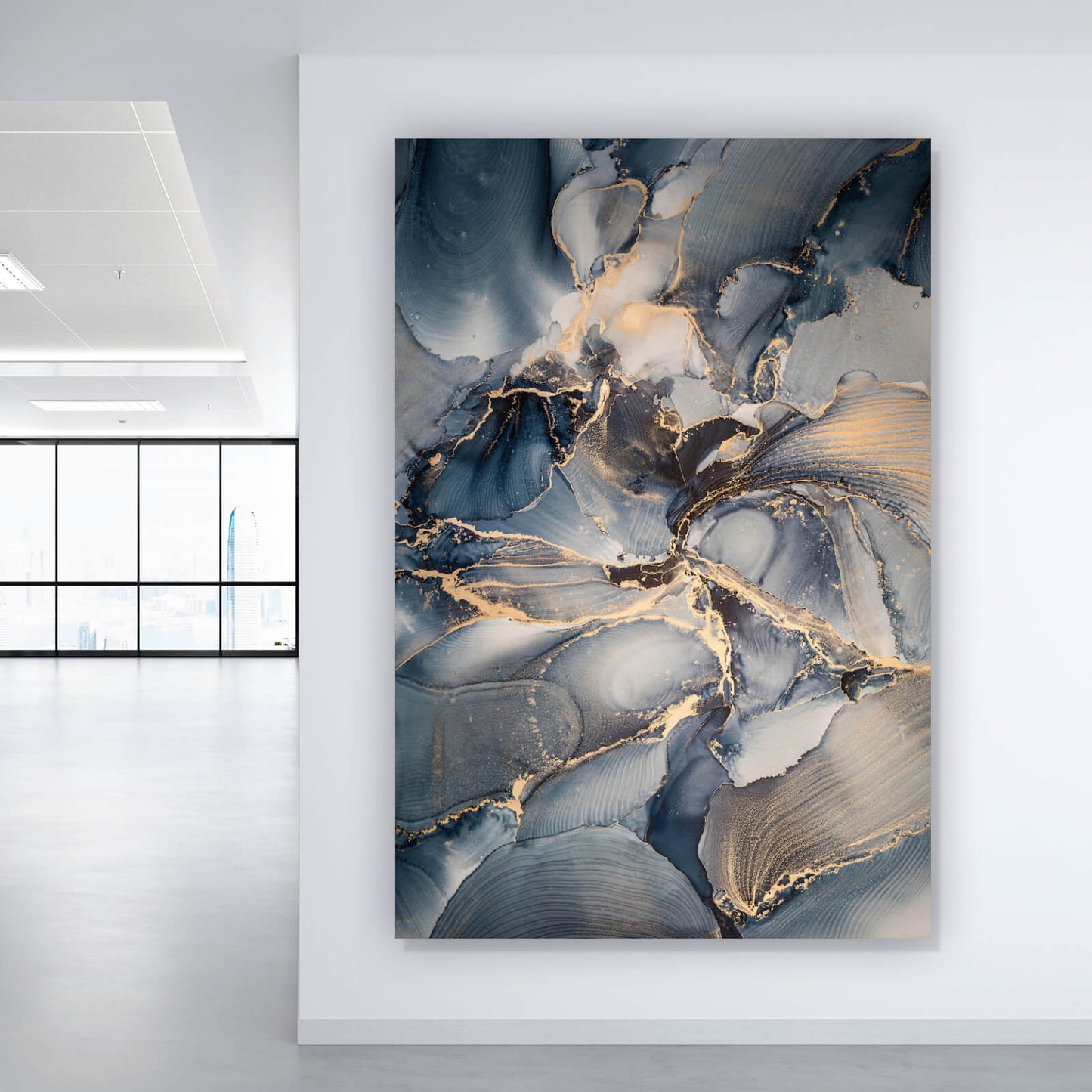 Leinwandbild Fluid Art Blau mit Gold Hochformat