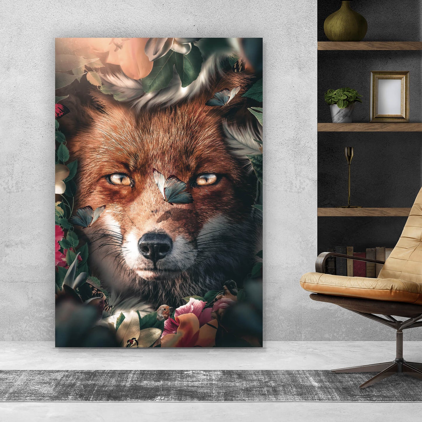 Leinwandbild Fuchs mit Schmetterling Hochformat