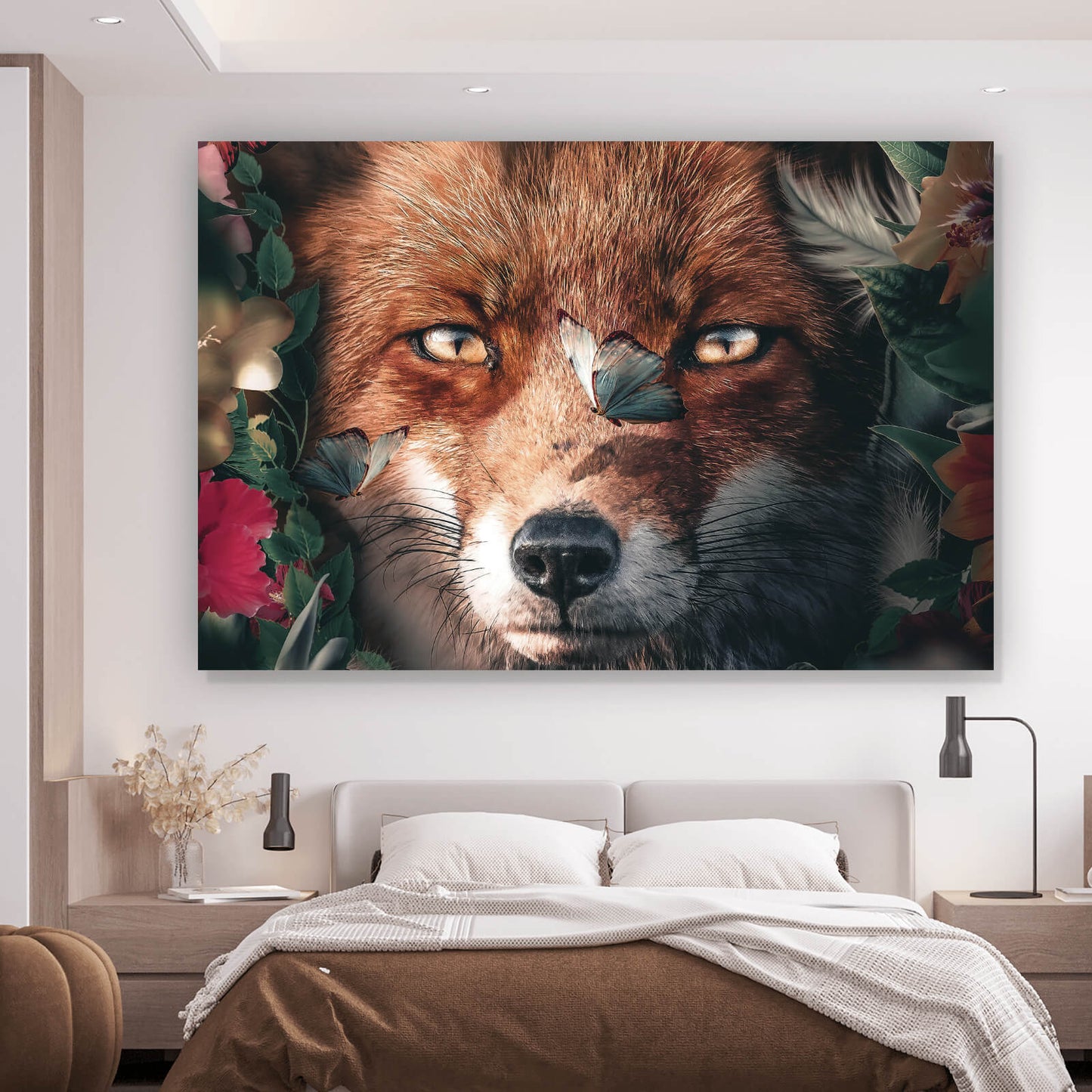 Leinwandbild Fuchs mit Schmetterling Querformat