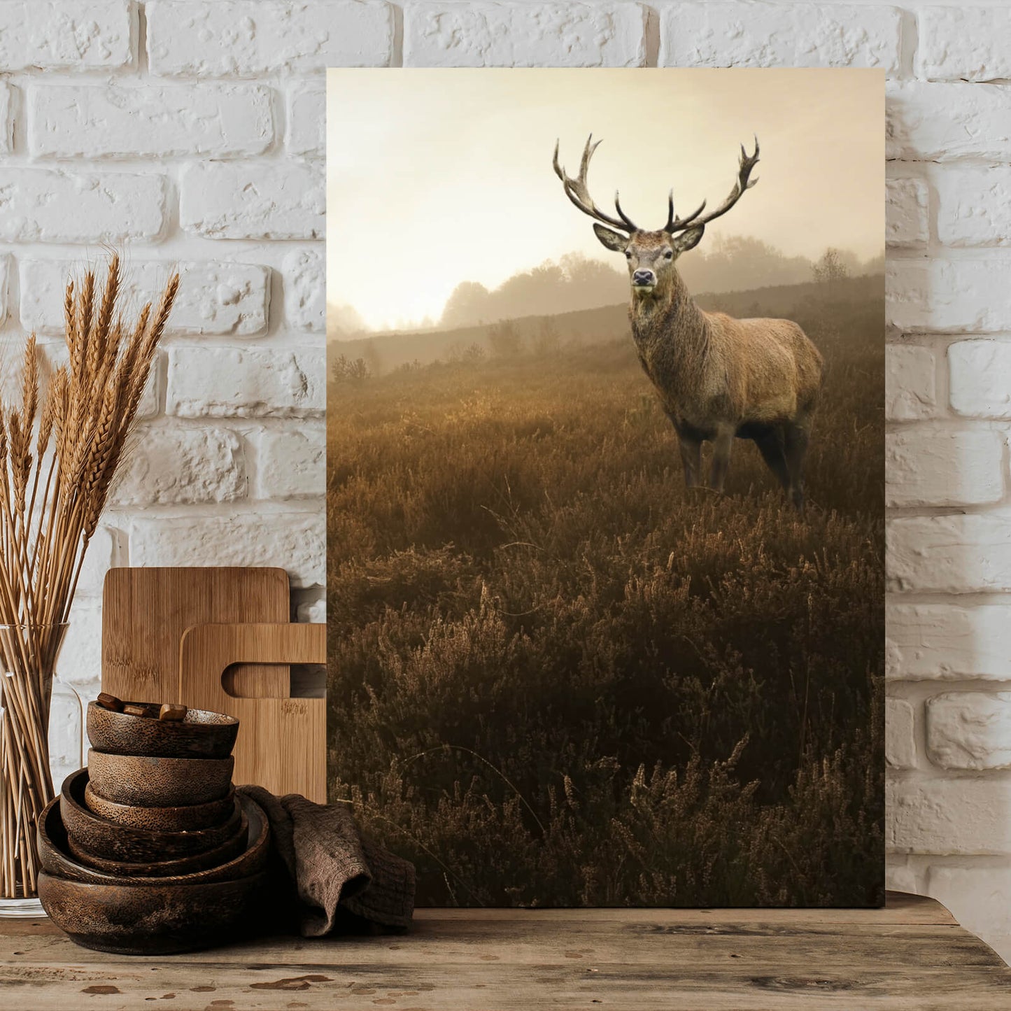 Leinwandbild Hirsch am Herbstmorgen Hochformat