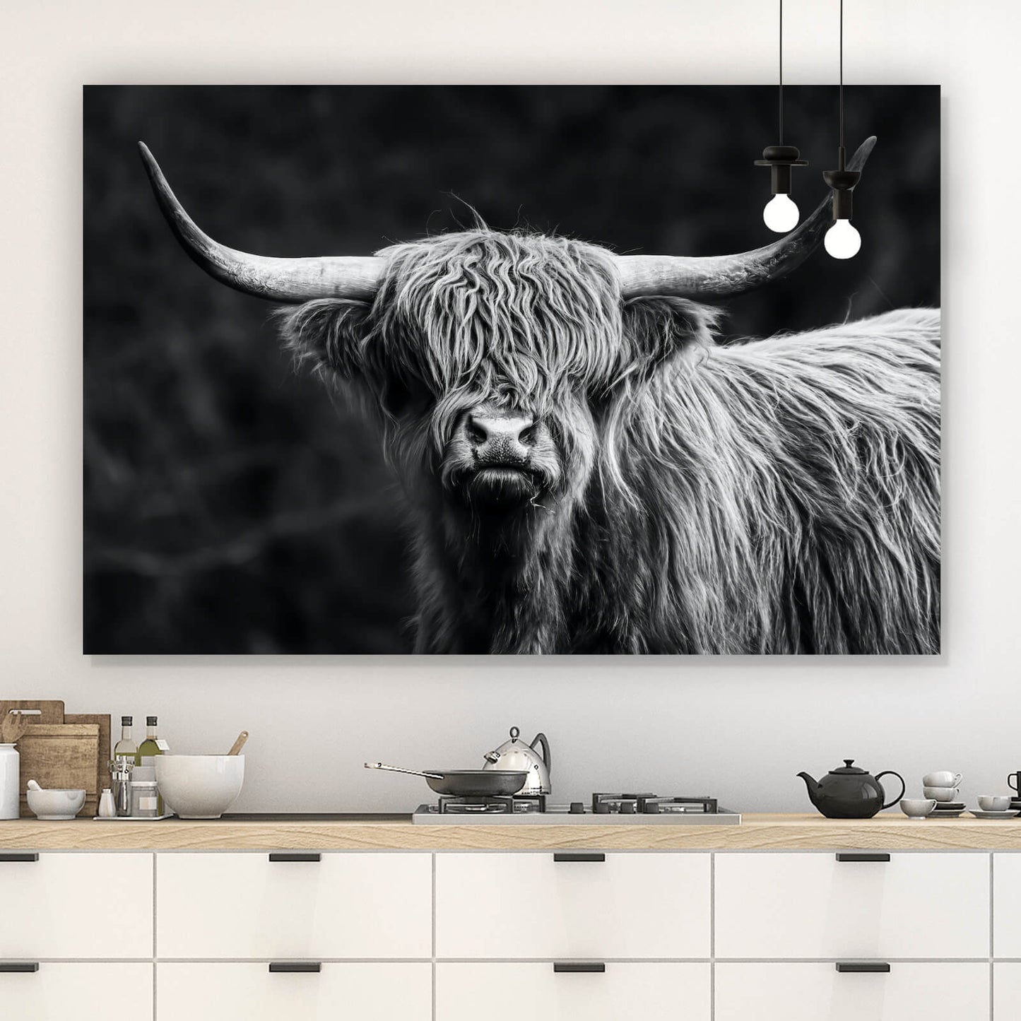 Leinwandbild Hochlandrind Schwarz Weiß Querformat