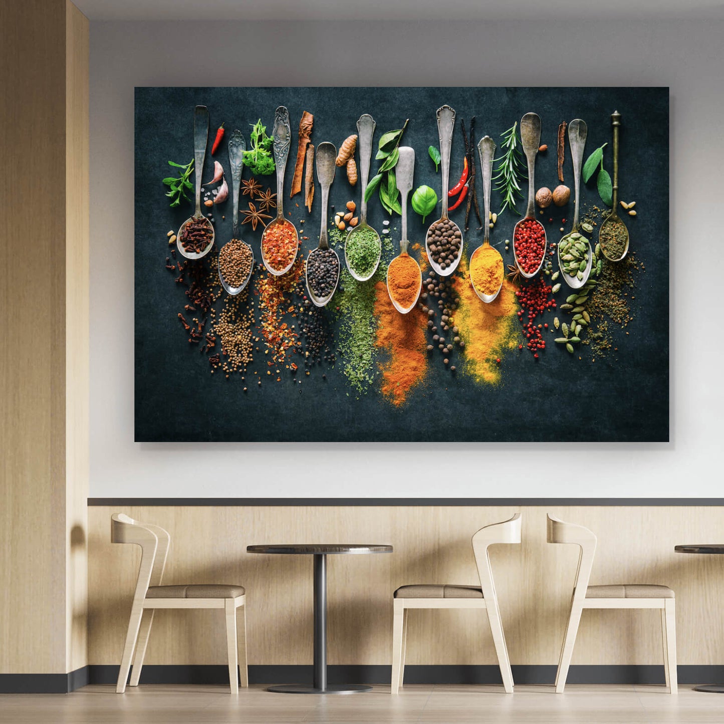 Leinwandbild Kulinarische Gewürze auf Löffeln Querformat