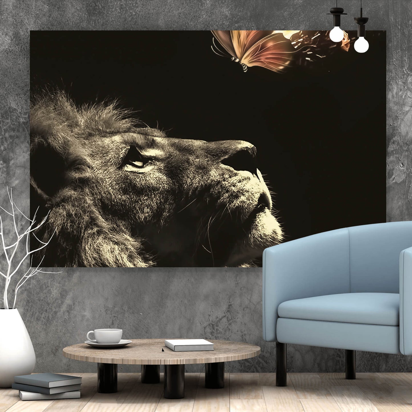 Leinwandbild Löwe mit brennendem Schmetterling Querformat