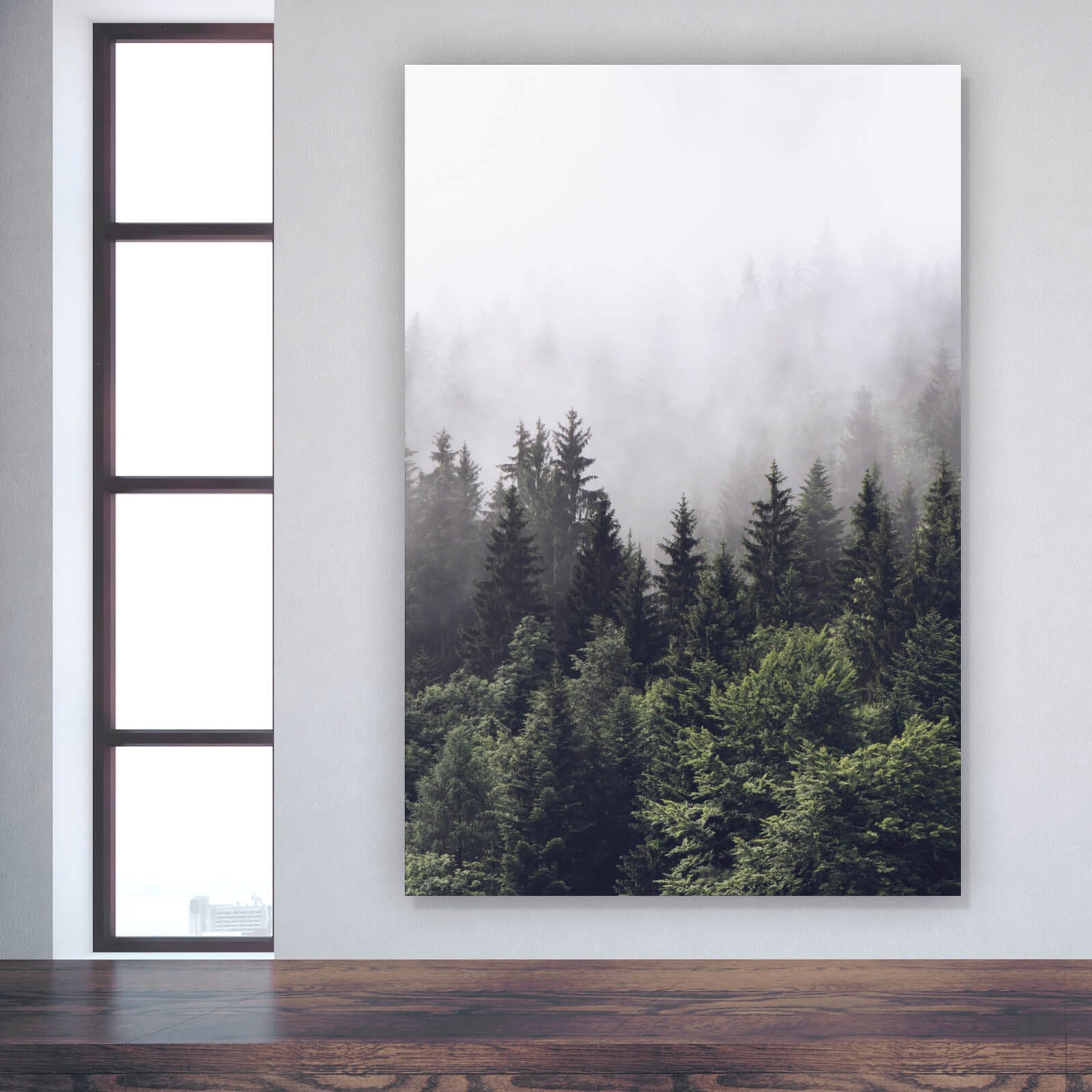 Leinwandbild Nebliger Wald Hochformat