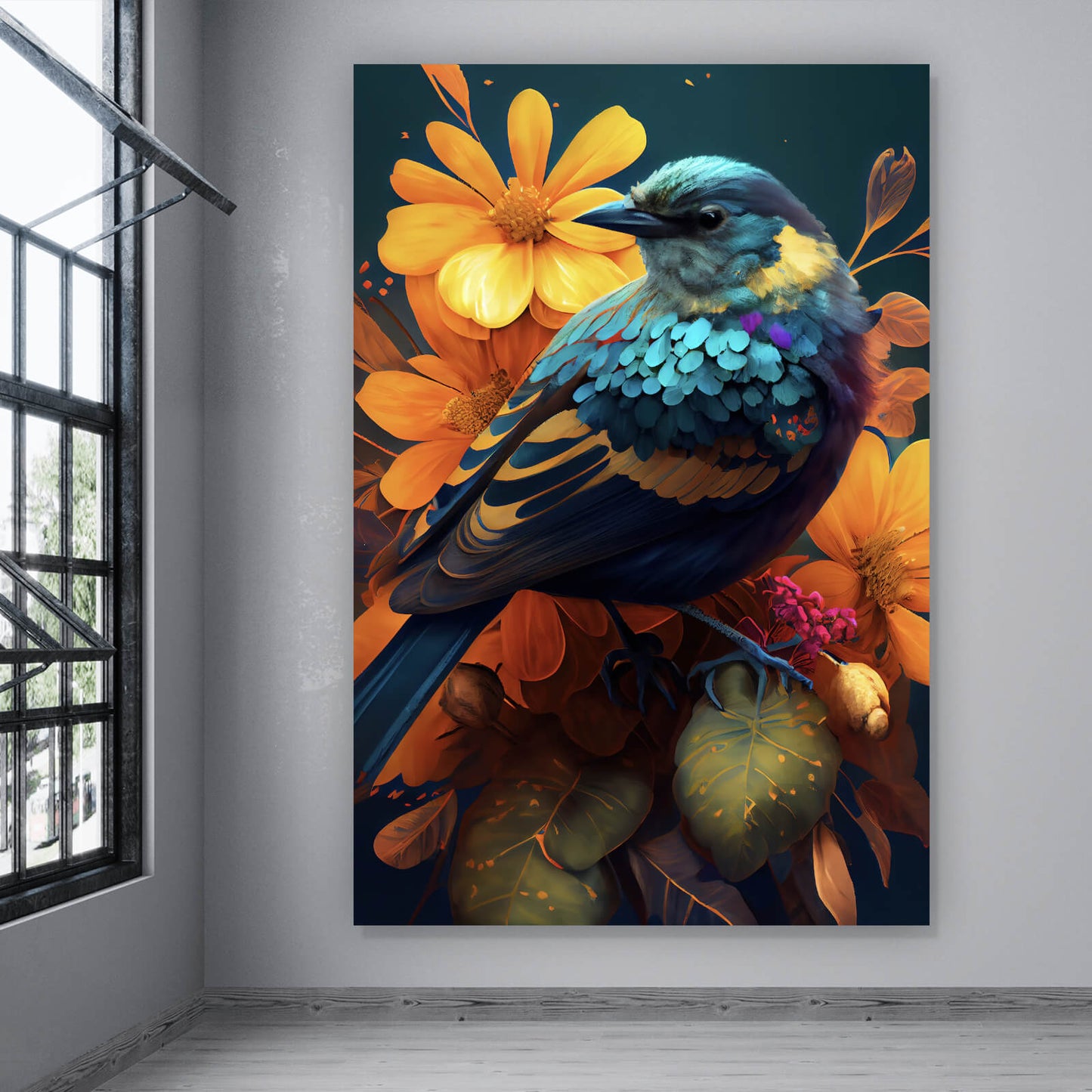 Leinwandbild Paradiesvogel Türkis Hochformat