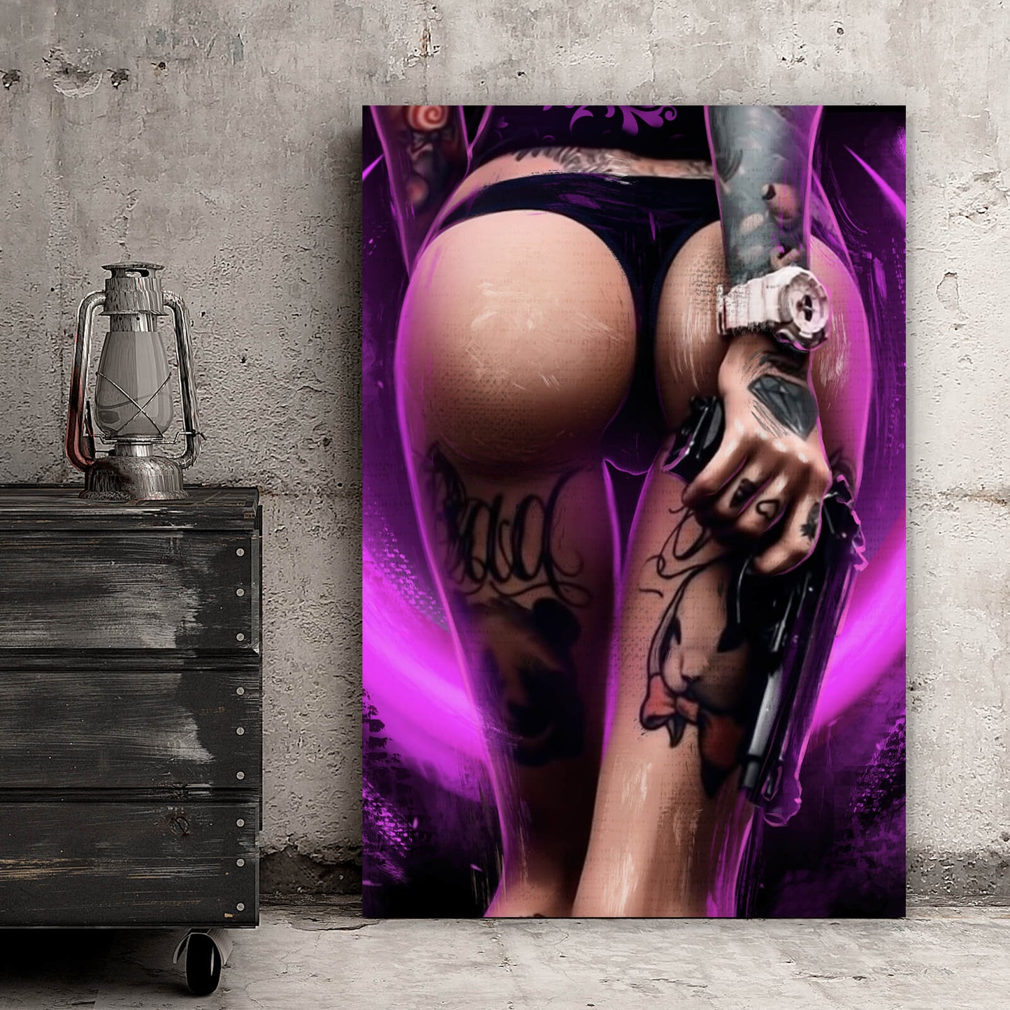 Leinwandbild Sexy Tattoo Girl mit Pistole Hochformat