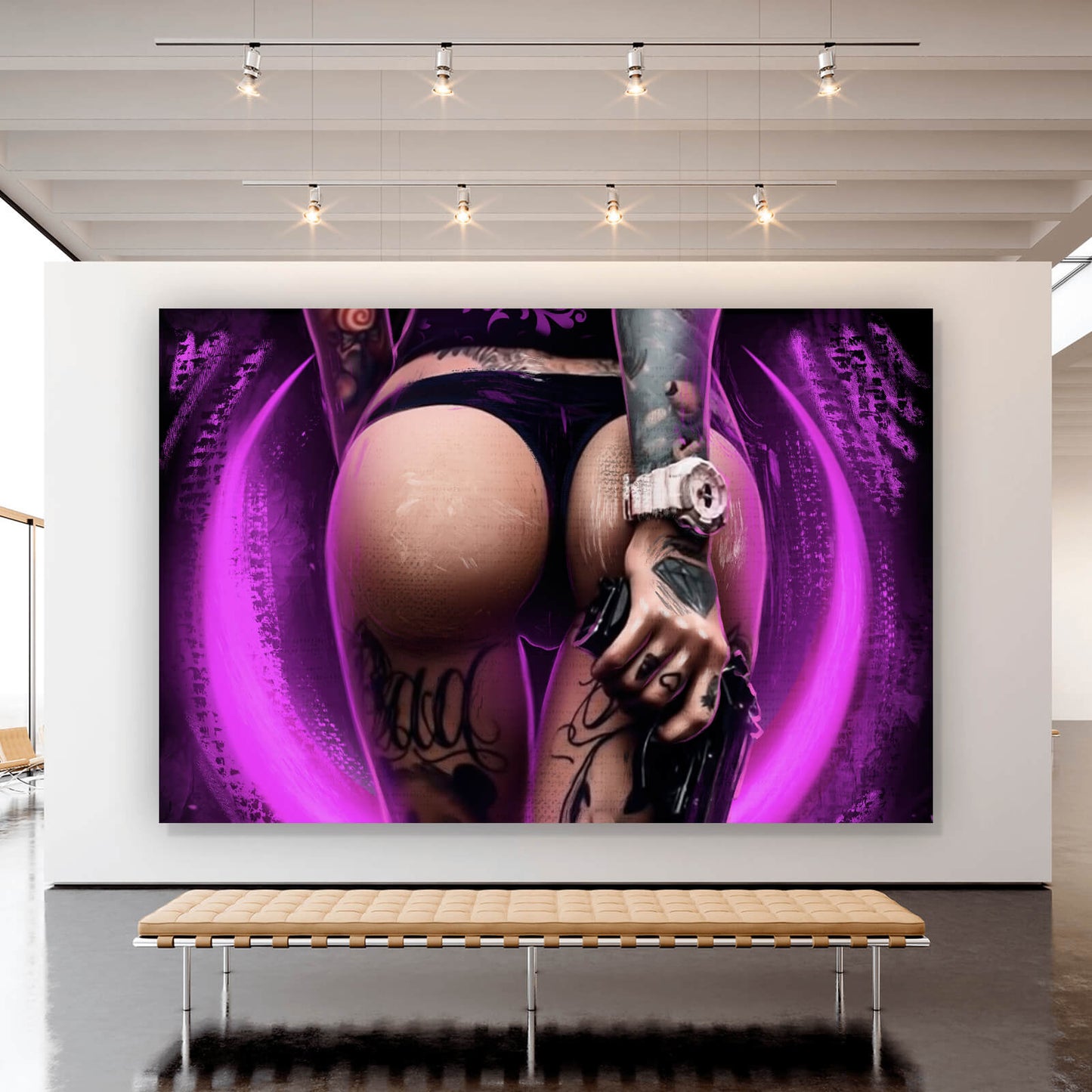 Leinwandbild Sexy Tattoo Girl mit Pistole Querformat