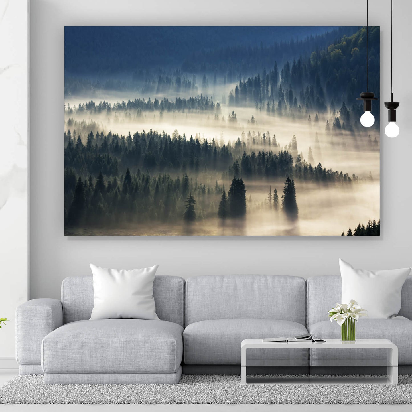 Leinwandbild Wald in nebligem Tal Querformat