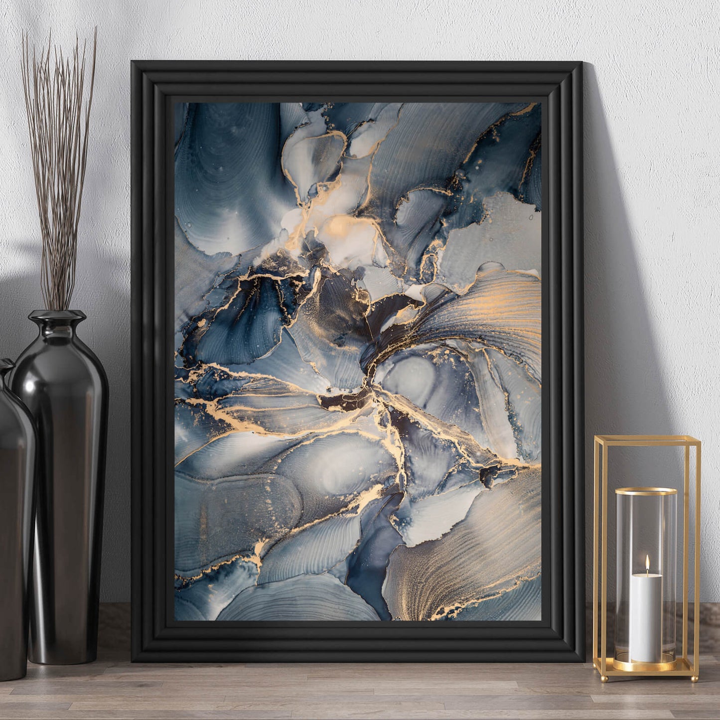 Poster Fluid Art Blau mit Gold Hochformat