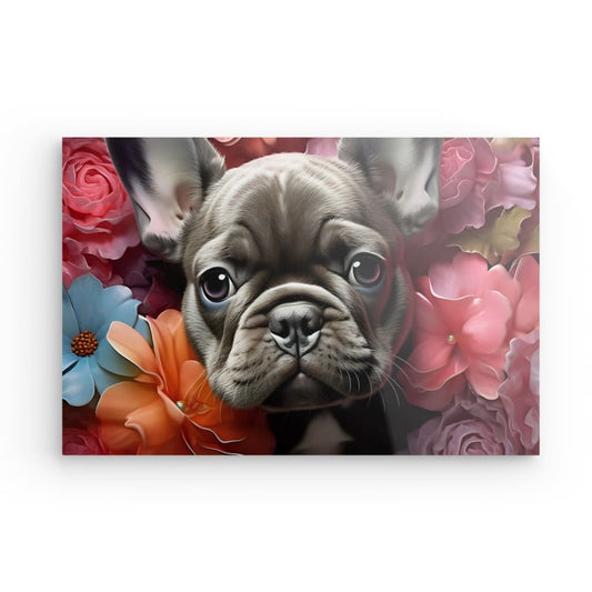 Acrylglasbild Französische Bulldogge umgeben von Blumen Querformat