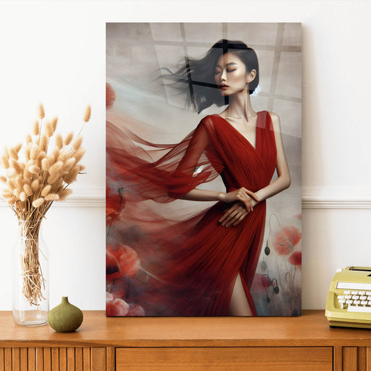 Acrylglasbild Asiatische Frau in Rot Hochformat