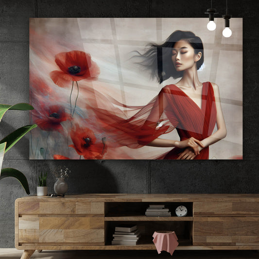 Acrylglasbild Asiatische Frau in Rot Querformat