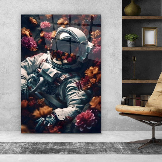 Acrylglasbild Astronaut Blumenmeer Digial Art Hochformat