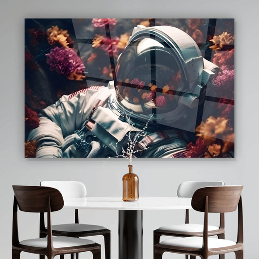 Acrylglasbild Astronaut Blumenmeer Digial Art Querformat