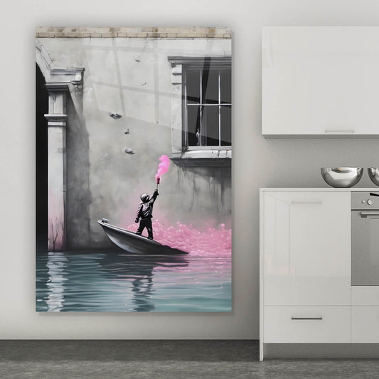 Acrylglasbild Banksy Junge auf dem Boot Hochformat