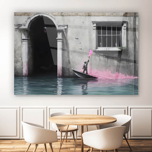 Acrylglasbild Banksy Junge auf dem Boot Querformat