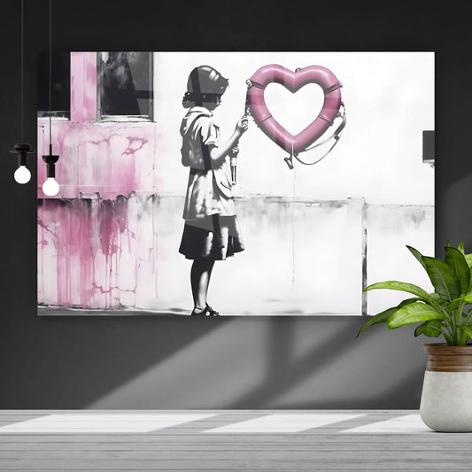 Acrylglasbild Banksy Mädchen mit Herz Querformat