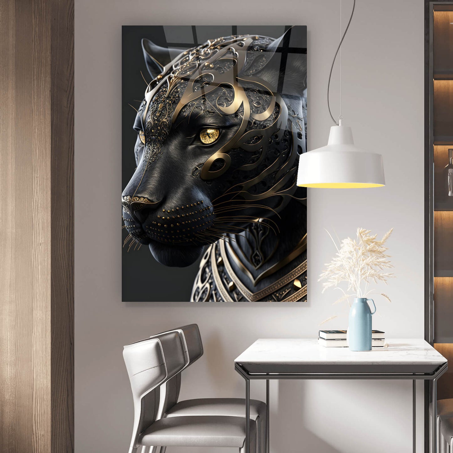 Acrylglasbild Black Panther mit Gold Hochformat