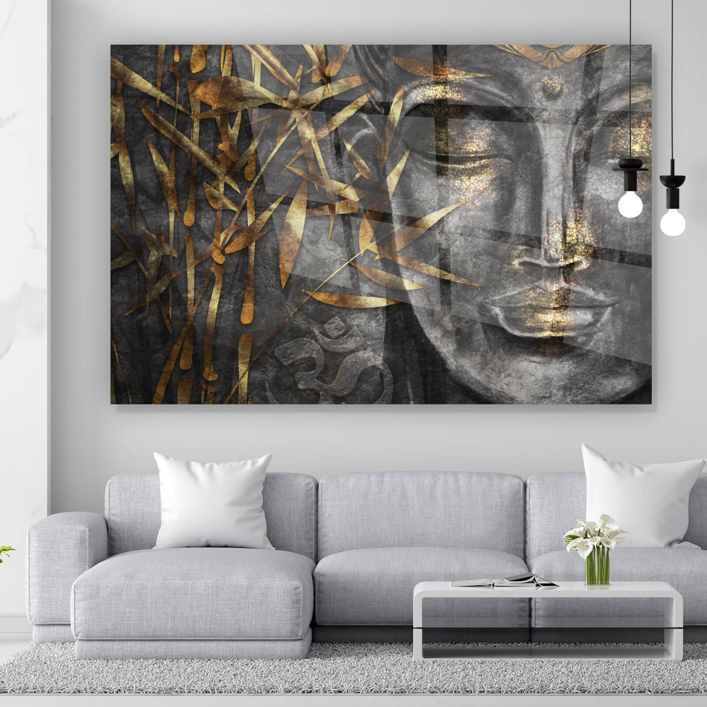 Acrylglasbild Buddha mit goldenen Blättern Querformat