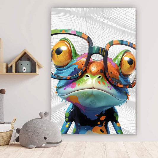Acrylglasbild Bunter Frosch mit Brille Hochformat