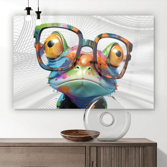 Acrylglasbild Bunter Frosch mit Brille Querformat