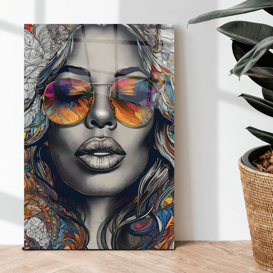 Acrylglasbild buntes abstraktes Frauenportrait Vintage Hochformat