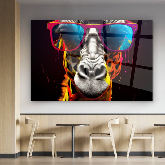 Acrylglasbild Cooles Giraffen Portrait mit Brille Street Art Querformat