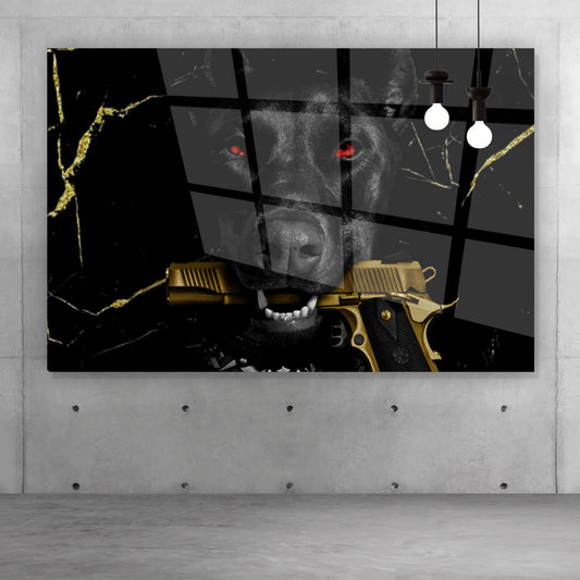 Acrylglasbild Edler Hund mit Pistole Digital Art Querformat