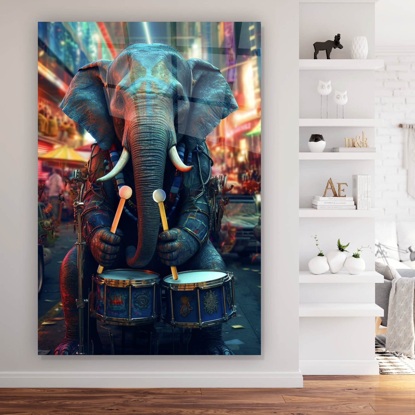 Acrylglasbild Elefant mit Trommeln Digital Art Hochformat