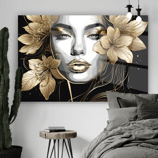 Acrylglasbild Frauenportrait mit goldenen Blumen Querformat