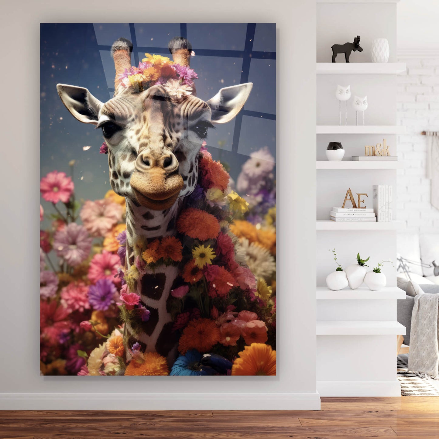 Acrylglasbild Giraffe mit Blumen Digital Art Hochformat