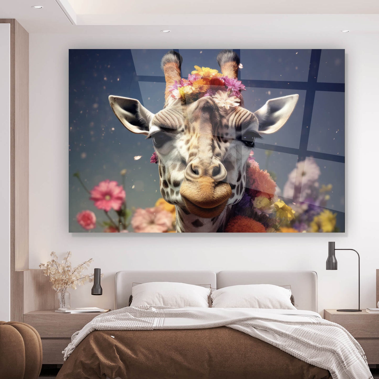Acrylglasbild Giraffe mit Blumen Digital Art Querformat