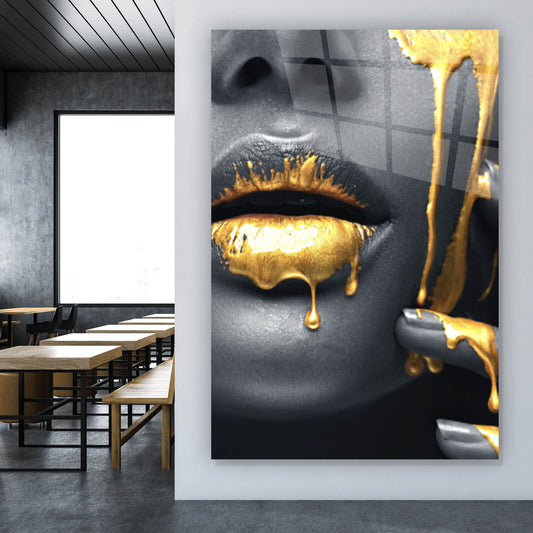 Acrylglasbild Goldene Lippen Hochformat