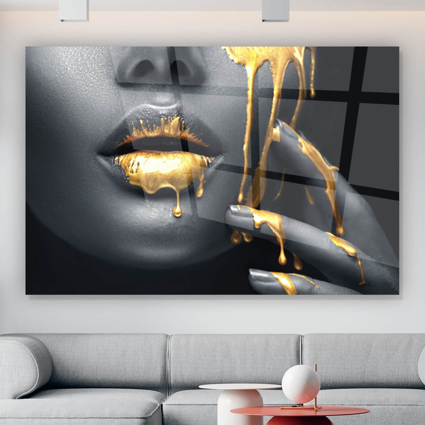 Acrylglasbild Goldene Lippen Querformat
