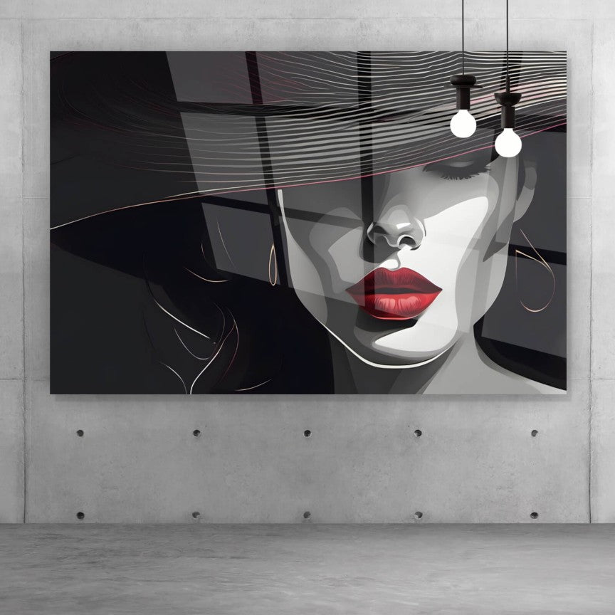 Acrylglasbild Grafisches Frauenportrait mit roten Lippen Querformat