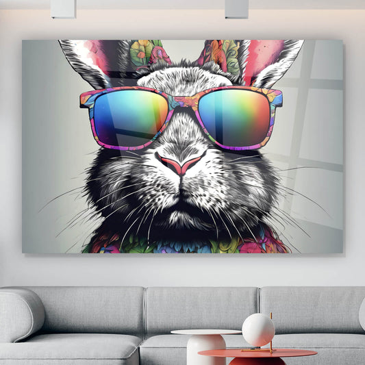 Acrylglasbild Hase mit Regenbogenbrille Querformat