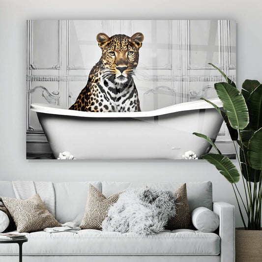 Acrylglasbild Leopard in der Badewanne Querformat