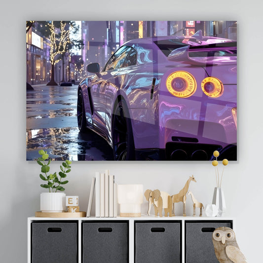 Acrylglasbild Luxus Sportwagen in der beleuchteten Stadt Querformat